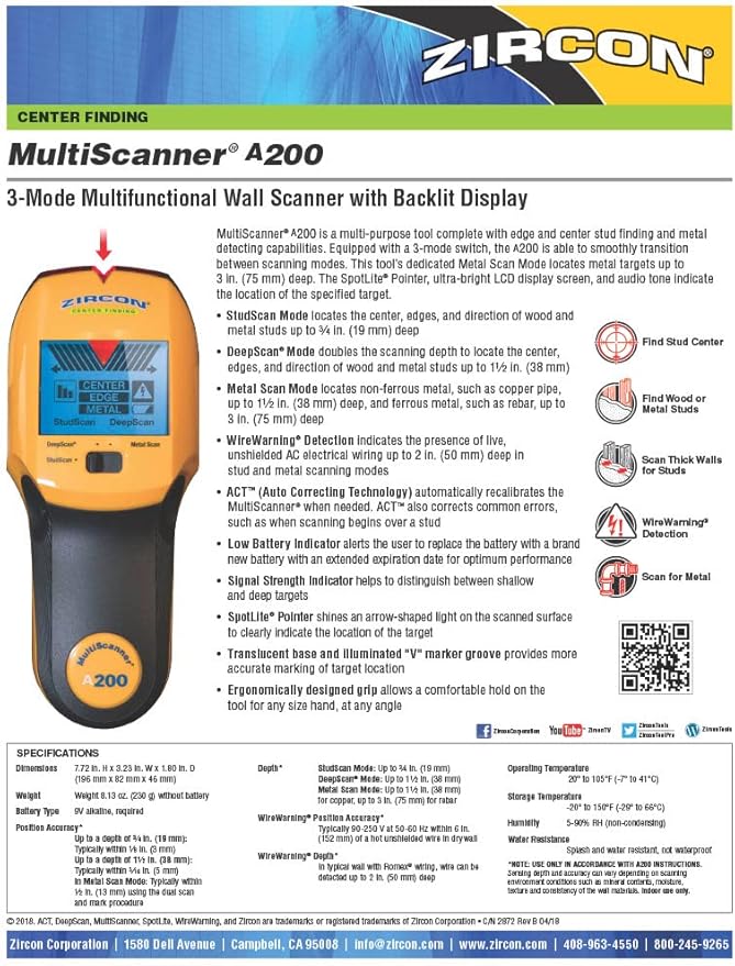 Zircon Multiscanner A200 Electronic Wall Scanner / Metal Detector/ Live AC Wire Detection With SpotLite Pointer