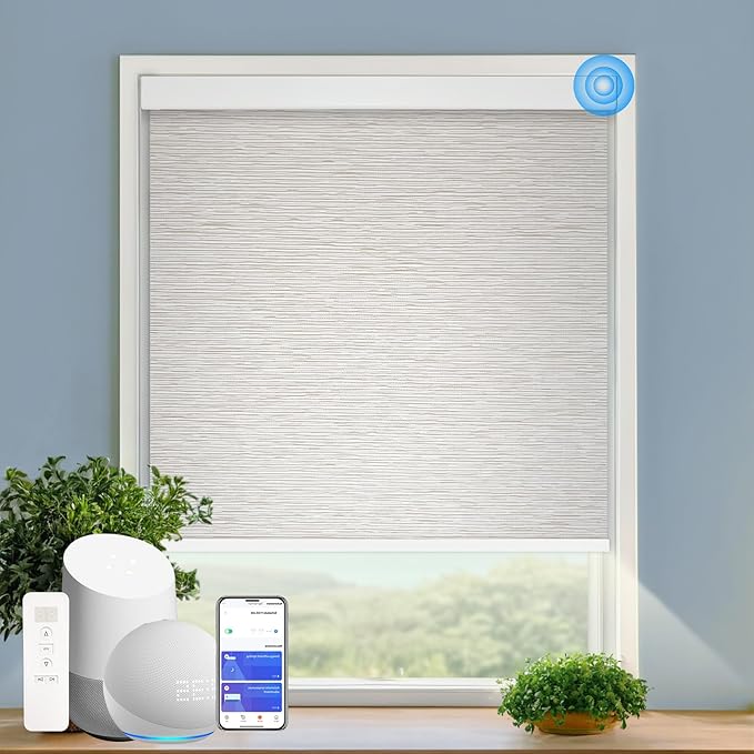 Motorized Blinds with Remote Cordless Automatic Motorized Shades Custom Blinds for Windows Smart Curtains Compatible with Alexa Google Home(Light Filtering Jacquard Beige,W44 x H72in)
