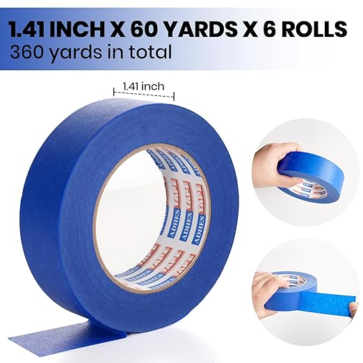 ADHES Upgrade Blue Painters Tape, Masking Tape for Painting 6 Rolls x 1.41 Inch x 60 Yards, Blue Paint Tape No Residue Outdoor Anti UV Multi Surface Use, Total 360 Yards