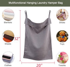 Linen Hanging Laundry Bag, 100% Linen Over The Door Laundry Hamper with Buttons and Zipper, Space Saving Door Hampers for Laundry Dirty Clothes Home Travel, Grey