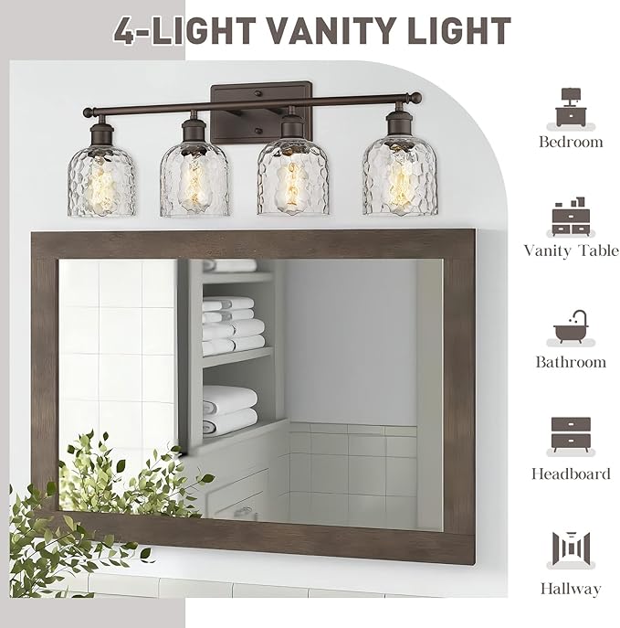 zeyu 4 Light Fixtures for Bathroom Above Mirror, Vintage Vanity Lighting Fixtures, Oil Rubbed Bronze Finish with Clear Hammered Glass, ZJF63B-4W ORB