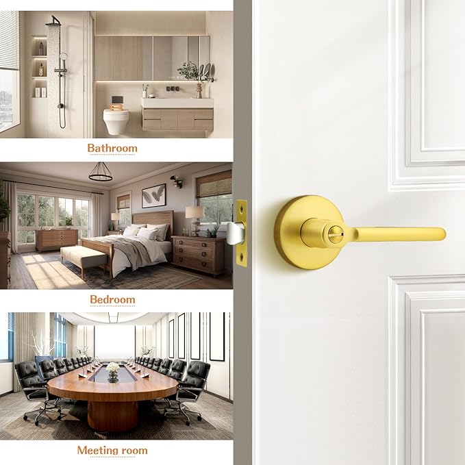 Probrico Gold Door Lever Privacy Door Handle Brushed Gold Door Handles Interior for Bed Bath, Keyless Door Handle Wave Style, 5 Pack