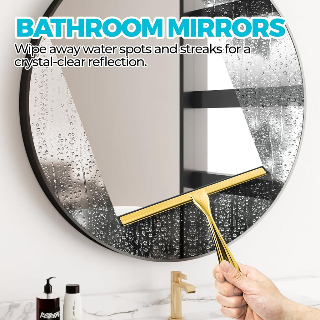 2PACK 12-Inch Golden All-Purpose Shower Squeegee for Shower Doors, Bath Linen Sets, Tile Shower Walls, Bathroom, Window, Glass and Car Windshield, Mirrors and Kitchen-Stainless Steel