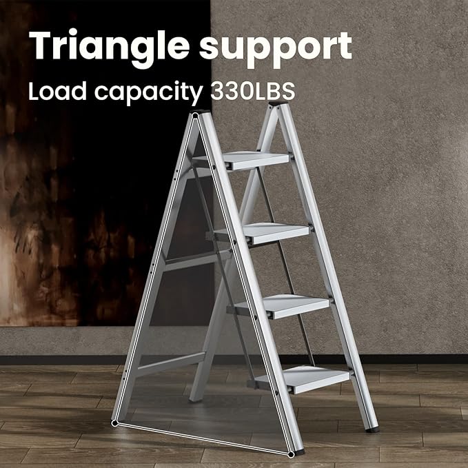 HillhutApex 4 Step Stool, Aluminum Foldable Step Ladder, Lightweight Stable Stool with Wide Non-Slip Pedals, 330lbs Bearing Capacity Ladder for Office,Home,Kitchen - Silver