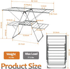 Bigzzia Clothes Drying Rack Foldable, 2-Level Large Laundry Drying Rack Collapsible, Stainless Steel Drying Rack Clothing for Indoor Outdoor, Easy to Fold, 33 Drying Rails, 142cm, Gray