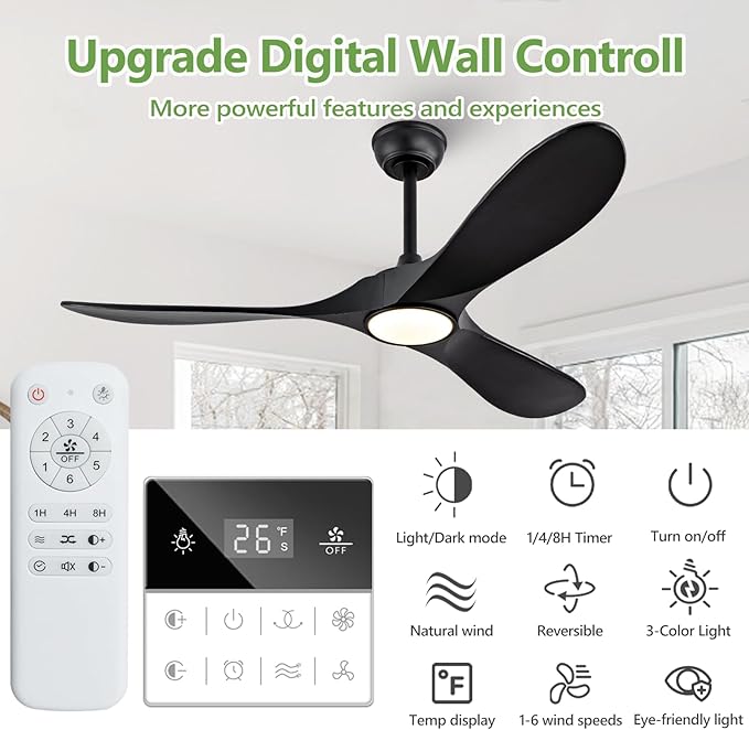 52 Inch Ceiling Fans with Lights and Remote, Dimmable 3 Blade Wood Outdoor Ceiling Fan Outdoor Fans for Patios Low Profile Modern Ceiling Fan with Light for Living Room Indoor Matte Black