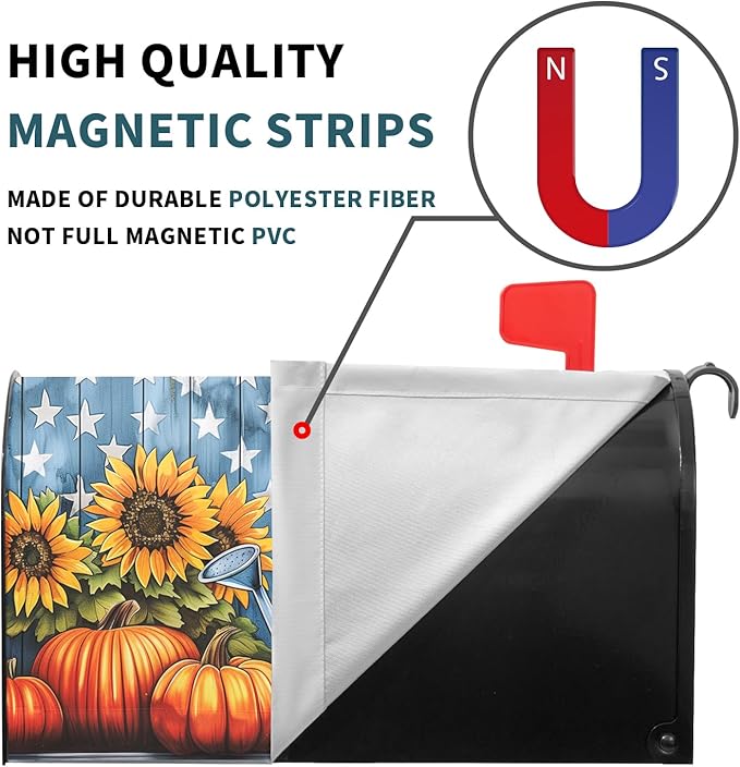 Kawani Fall Mailbox Cover - Autumn Pumpkin Sunflower America Flag Patriotic - Magnetic Standard Size 21x18 Inch Rustic Waterproof Post Box Wrap for Garden Yard Home Decor