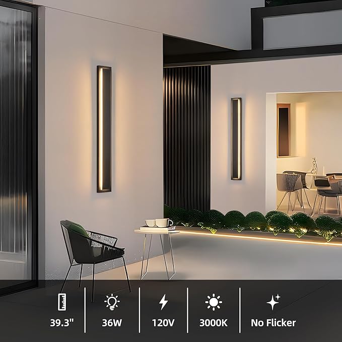 tewei 39.3 Inch Modern Outdoor Wall Sconce, Long Black LED Exterior Lighting Fixtures, Modern Large Outdoor Front Porch Lights Outside Wall Mount Lights for House, Warm White 3000K, 1 Pack