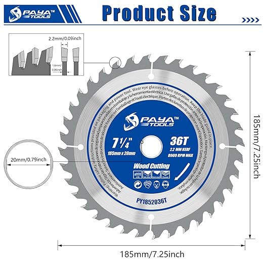 7-1/4-Inch 36-Tooth Circular Saw Blade,TCT ATB Framing Blade,20mm Bore(16mm Reduction Ring Included) for Wood Fast Cutting
