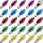 SUNSGNE C7 Multicolor Christmas Replacement Bulbs, Clear Multicolor Incandescent Light Bulbs for C7 Outdoor Patio Christmas String Lights, E12 Candelabra Base, 5 Watt, 25 Pack