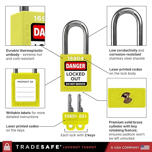 TRADESAFE Lockout Tagout Locks Set - 10 Yellow Loto Locks, Lockout Locks Keyed Different, 2 Keys Per Lock, OSHA Compliant Lock Out Tag Out Padlocks, Safety Padlocks for Electrical Lockout Tag Out Kits