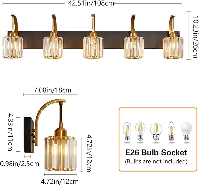 5-Light Crystal Vanity Light, Modern Black Gold Bathroom Wall Sconce with K9 Crystal Shades, 42.51" Long Over Mirror Lighting for Vanity, Makeup, Hallway, Elegant & Easy Installation