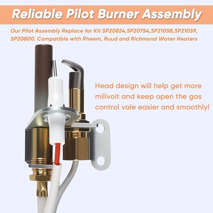 Pilot Assembly for Water Heater Parts Compatible with Rheem Ruud Richmond SP21058 SP20824 SP20754 SP20800 | NG/LP Universal Burner Ignition Replacement Kit with Thermopile & Sparker