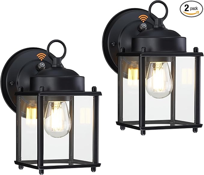 GRUENLICH Dusk to Dawn Outdoor Wall Lantern, Exterior Wall Sconce Light Fixture, Outside Porch Lighting with Clear Glass for House, Patio, Matte Black, 2 Pack