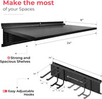 Heavy-Duty Garage Wall Storage System | Wall Mounted Tool Organizer Rack with Shelving | 12-Piece Mounting Kit | 6x10” Double-Layered Hooks & 2x24” Floating Utility Shelves