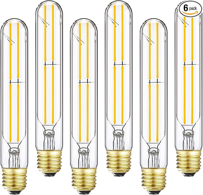 7.3 Inch E26 T10 Led Bulb 60 watt 3000k Soft White Edison Bulbs,6W E26 Long Light Bulb Tubular Light Bulb T10 Bulb T9 for Rustic Pendant,Industrial Pipe,Wall Sconces 6 Pack