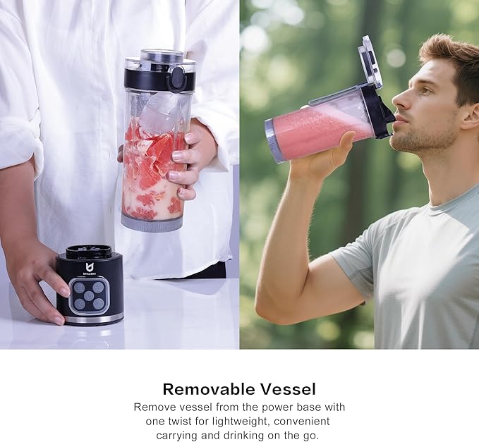 UTALENT Cordless Portable Blender, 25 oz removable Vessel，Powerful Personal Blender, for Smoothies, Ice Crush, 4 Programs, Leakproof-Lid & Sip Spout, USB-C Rechargeable, Dishwasher Safe Parts, Black