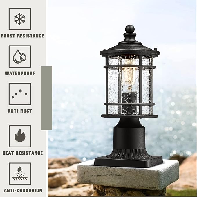 Emliviar Lamp Post Light Fixture - Modern Outdoor Post Light with Seeded Glass 12.5 Inch, Black Finish, XE229P-S BK