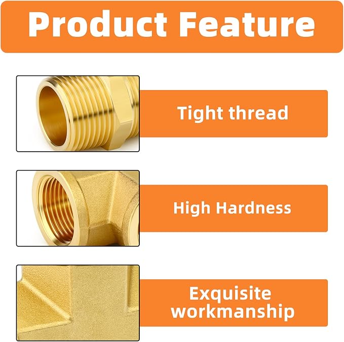 GASHER 2PCS Brass Tee Pipe Fittings, 3/4" NPT Female x 3/4" NPT Female x 3/4" NPT Male Pipe Fittings, Male Run Tee