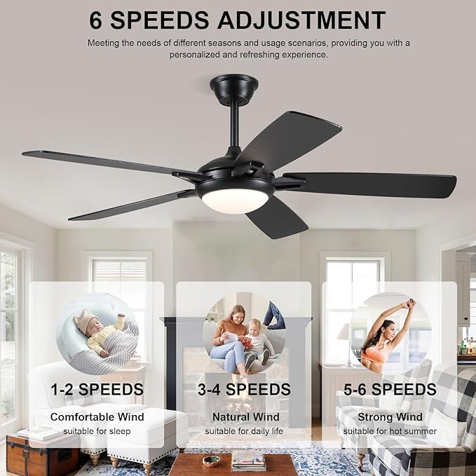 52 Inch Ceiling Fans with Lights and Remote, Modern Indoor Outdoor Ceiling Fan for Bedroom Living Room Patio Porch, 6 Speeds, Reversible Quiet Motor, Dual Finish Wooden Blades, Black