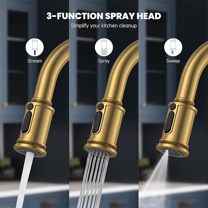 DAYONE Brushed Gold/Brass Pull Down Kitchen Faucet with 3-Mode Sprayer and Soap Dispenser, Single Handle High Arc Faucets for Kitchen Sink with Deck Plate, DAY-APS136-BTG