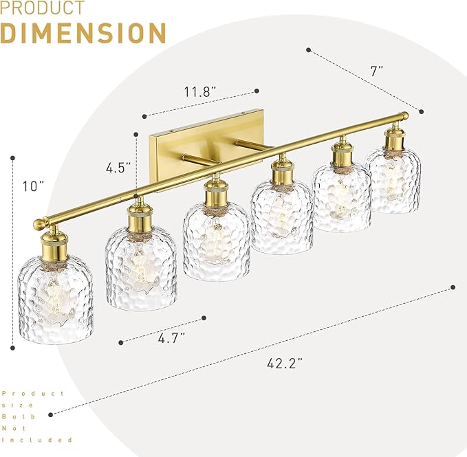 zeyu 42.2'' Modern Bathroom Gold Light Fixture, 6 Light Bathroom Lighting Fixtures Over Mirror Bedroom, Brushed Gold Finish with Clear Hammered Glass, ZJF63B-6W BG