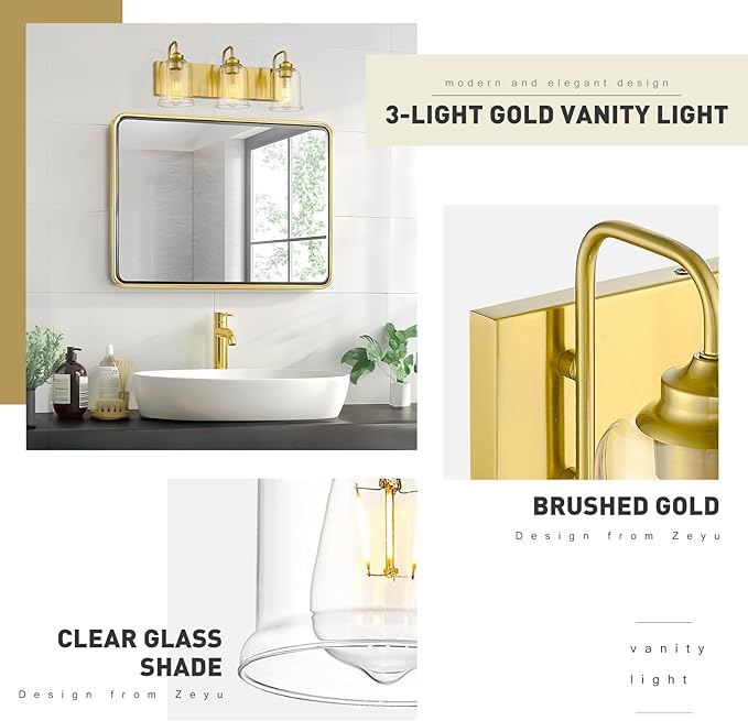 zeyu 21 Inch Gold Bathroom Light Fixtures, 3 Light Bathroom Vanity Light, Modern Vanity Light with Clear Glass Shade, Brushed Gold Finish, ZSL72B-3W BG