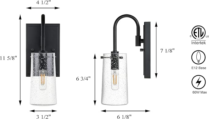 XiNBEi Lighting Wall Sconce, Industrial 1 Light Vanity Sconce Light Seeded Glass Bathroom Wall Light Matte Black Finish XB-W1283-1-MB