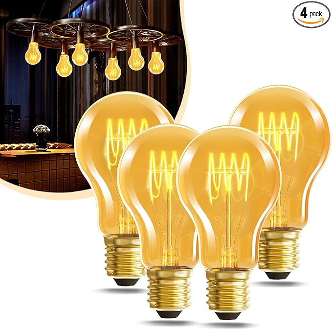 HESSION A19 Vintage LED Edison Bulbs, 4W Equivalent 40W Dimmable LED Bulbs, 400 Lumens 2300K Amber Warm Light Bulbs, E26 Base Decorative Antique Spiral A19 Light Bulb for Light Fixture, Pack of 4