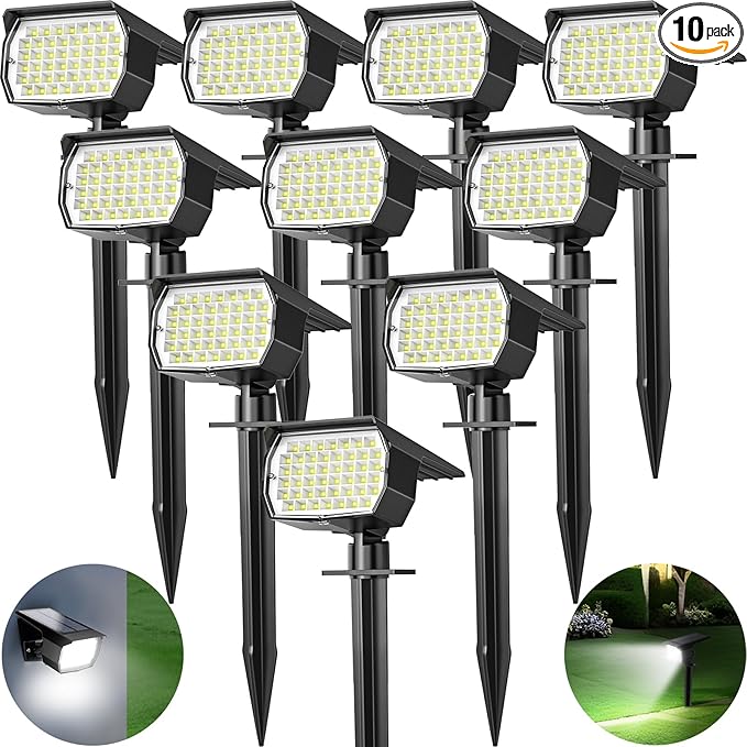 Solar Spot Lights Outdoor 10 Pack, [46 LED/3 Modes] Solar Landscape Spotlights Waterproof, 2-in-1 Auto On/Off Solar Powered Lights for Outside Yard Garden Wall Pathway(Cool White)