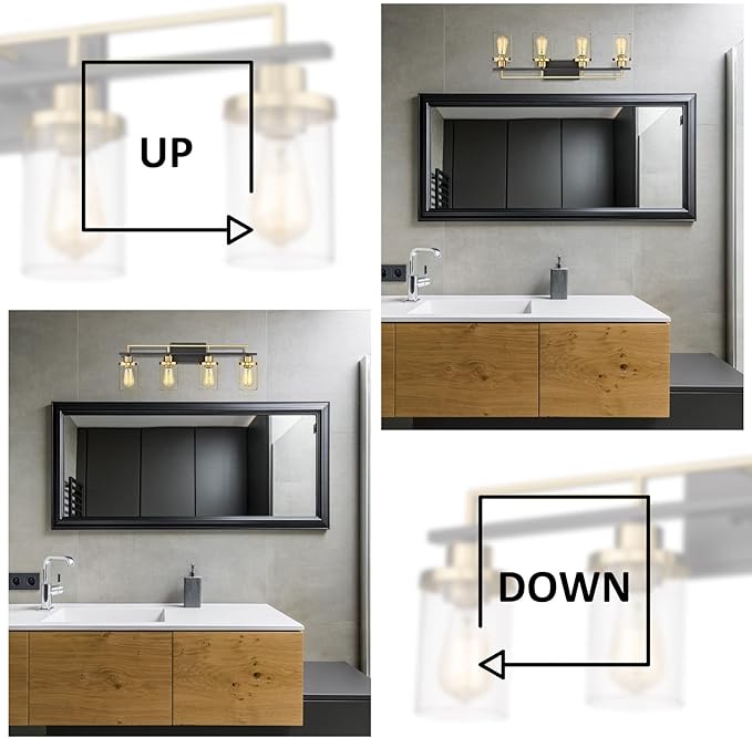 Emliviar Modern Bathroom Vanity Light - 4-Light Wall Lights for Bathroom, Black and Gold Finish with Clear Glass, YCE238B-4W BK+BG
