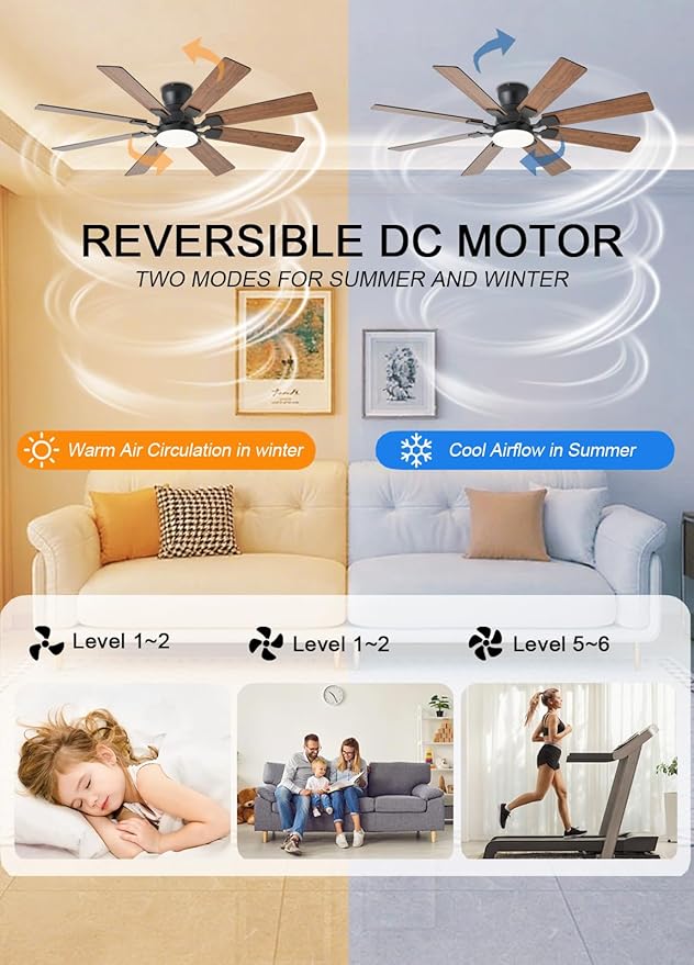 52 inch Ceiling Fan with Light, 6 Speeds Reversible Low Profile Ceiling Fan with Light and Remote/APP Control, 3 Color Temp+Dimmable RGB, 8 Blades, Flush Mount Quiet Ceiling Fans, Brown