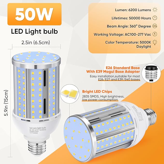 50W LED Corn Light Bulb(2 Pack),(490 Watt Equivalent) Fanless E26/E39 Medium/Large Mogul Base LED Cob Lamp 5000K Daylight 6,200LM for Outdoor Indoor Garage Warehouse Factory Workshop Street Backyard