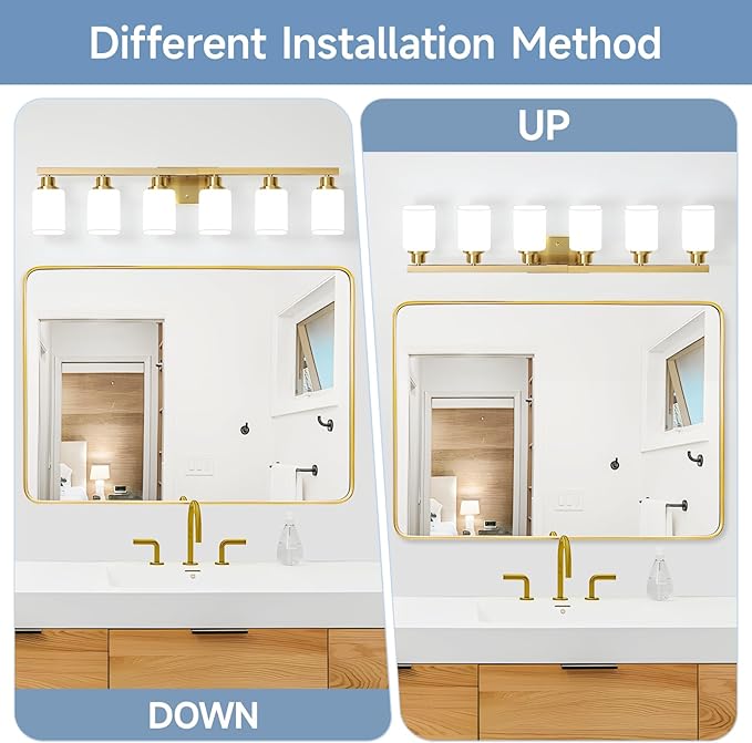 Brushed Gold Bathroom Vanity Light,6-Light Bathroom Light Fixtures with Square Frosted Glass,Gold Bathroom Wall Lamp Sconces for Mirror Bedroom,Living Room Hallway,E26