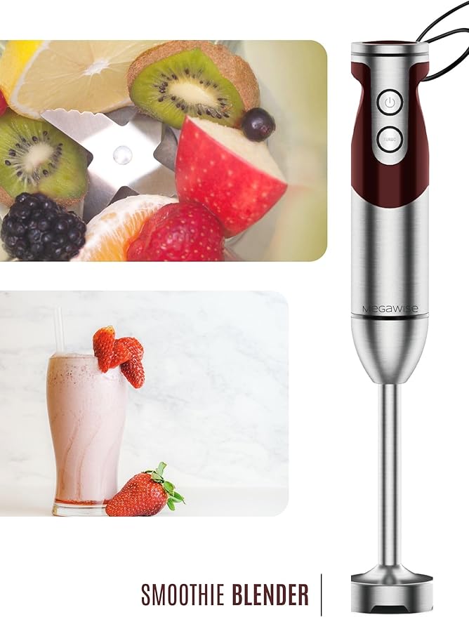 MegaWise Pro Titanium Reinforced 3-in-1 Immersion Corded Hand Blender, Powerful MOTOR with 80% Sharper Blades, 12-Speed Corded Blender, IncludingWhisk and Milk Frother (3-in 1 Red)