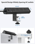 40W Fast Charging Station,Desk Clamp Power Strip 20W USB C,8 Outlets,8 USB Ports,4 USB C and 4 USB A, Office Furniture Nightstand Edge Mount Surge Protector, 14AWG Cord, Fits 1.9" Tabletop Edge