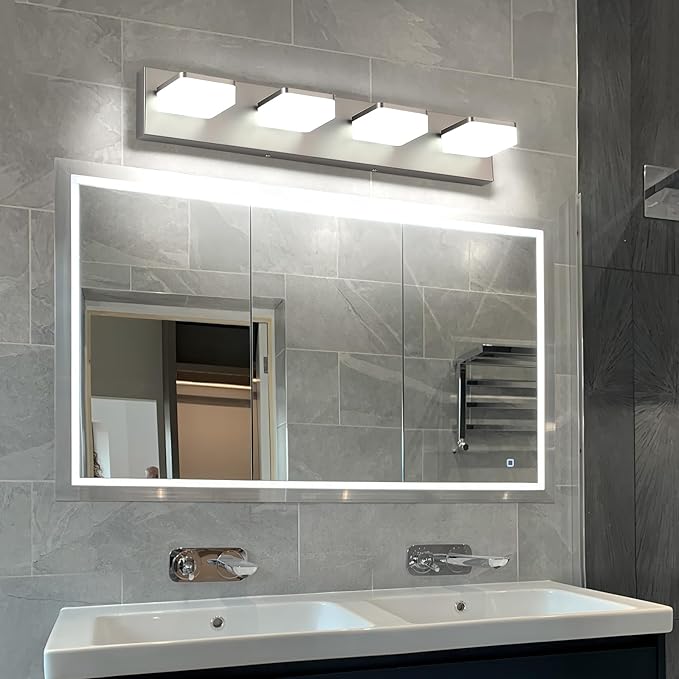 LED Vanity Light Fixture for Bathroom, 4-Light Brushed Nickel Bathroom Light Over Mirror, Modern Vanity Lighting Wall Light Fixtures