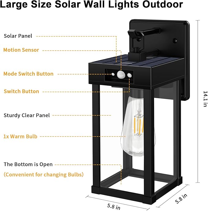 Auzev Outdoor Solar Wall Lights Fixtures Exterior Solar Lantern Lights With Clear Panel, Motion Sensor 3Lighting Modes Modern Sconce Waterproof Outside Lamp for House Garage (Black-1P)