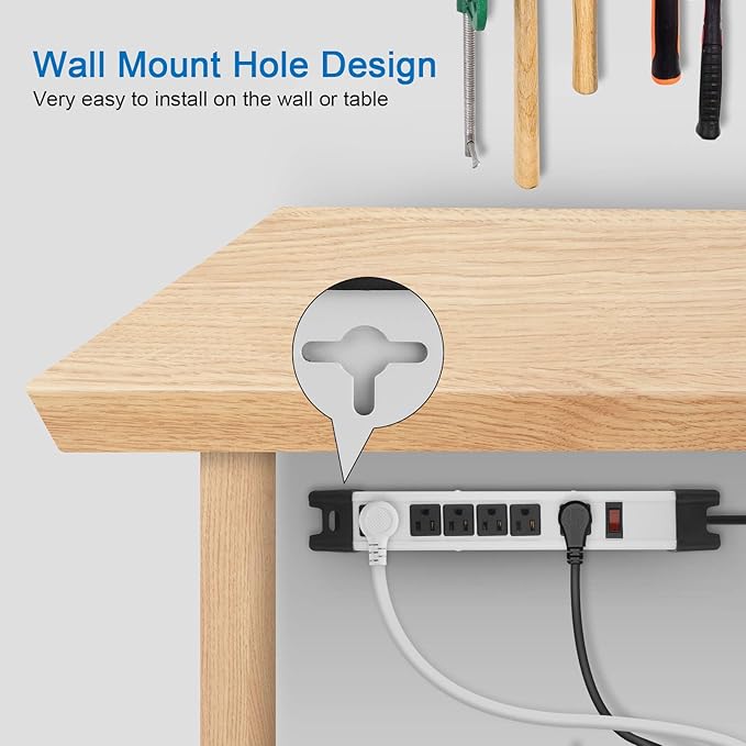 Heavy Duty Surge Protector Power Strip - 6 Outlet Industrial With 15A, Shop Workshop Garden Metal, 6FT Cord, 1200 Joules, ETL Listed (15FT, Grey)