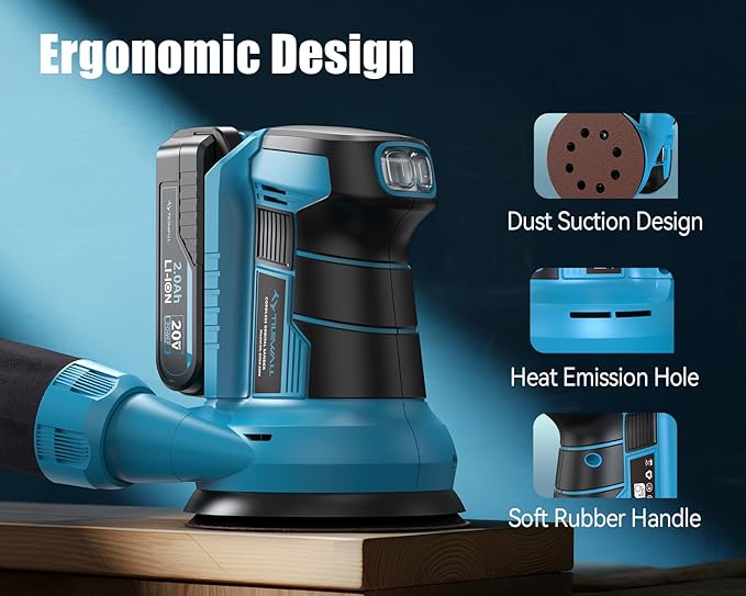 Tilswall 20V Cordless Orbital Sander, 5" Electric Palm Hand Sander Tool with Vacuum Dust Collector, Random Orbit Power Sander for Woodworking, Furniture, Deck Sanding (Battery and Charger Included)