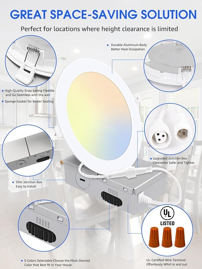 24 Pack 6 Inch 5CCT Ultra-Thin LED Recessed Ceiling Light with Junction Box, 2700K/3000K/4000K/5000K/6500K Selectable, 1050LM Brightness, 12W Eqv 110W, Dimmable Canless Wafer Downlight - ETL & FCC