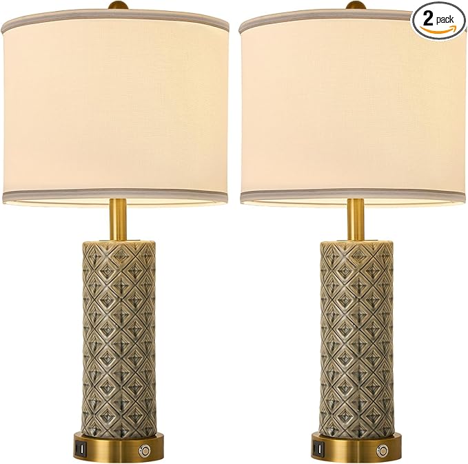 Set of 2 Table Lamp for Living Room Bedroom Farmhouse,26'' Touch Control Bedroom Smoke Grey Ceramic Lamps 3-Way Dimmable Bedside Lamps with USB A+C Ports Linen Shade for Home