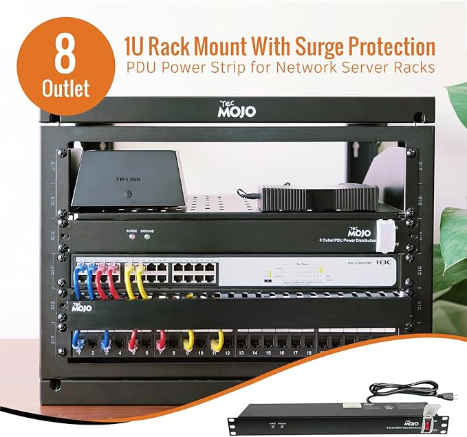 Tecmojo 1U Rack-Mount Horizontal 8-Outlet Power Strip UL Listed PDU with Surge Protection 6ft Cord Power Distribution for IT and Network Server Racks