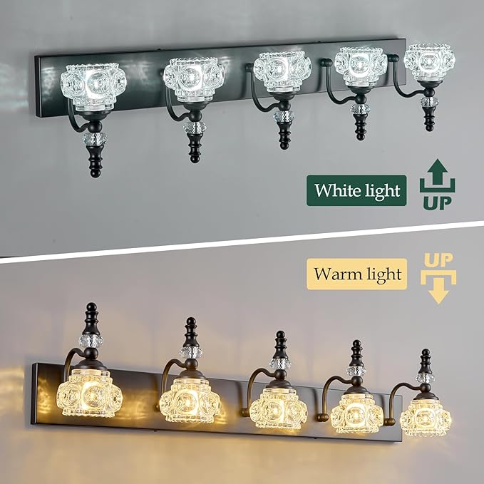 Modern Crystal Bathroom Vanity Light Black Vintage Bathroom Light Fixtures 5-Lights Glass Crystal Vanity Lights