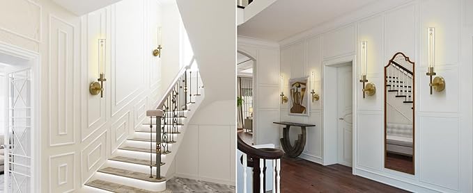 Brass Wall Sconces Set of Two, 19" Knurled Gold Sconces Wall Lighting, Tube Glass Bathroom Sconces Wall Lights for Bedroom Living Room Vanity Sconce Wall Lamp for Hallway, Staircase