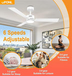 42" White Ceiling Fan with Light, Remote Control, Downrod Mount, Noiseless, Reversible, 6CCT, Dimmable, 6 Speeds, Timeable, Ceiling Fan with Remote Control for Bedroom, indoor/outdoor