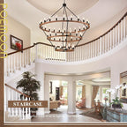 Extra Large 63'' Wooden Wagon Wheel Chandelier Farmhouse 3 Tier 48 Lights Black Rustic Round Wood Pendant Light Fixture for High Ceiling Living Dining Room Foyer Villa Staircases