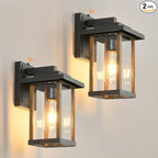 Outdoor Wall Sconce, Dusk to Dawn Outside Porch Light Fixtures, Anti-Rust Exterior Wall Lights in Wood Grain & Black Finish with Clear Glass for Garage Doorway Entryway, 2 Pack