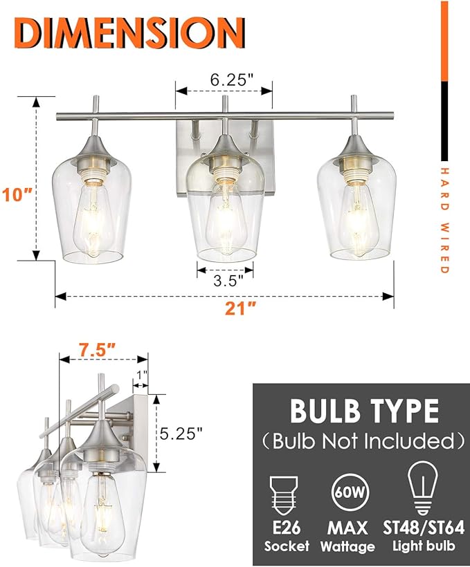 3 Light Bathroom Light Fixtures Over Mirror, 21 Inch Brushed Nickel Bathroom Vanity Lights, Modern Farmhouse Bath Wall Sconces with Clear Glass Shade, WL9167-3C