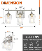 3 Light Bathroom Light Fixtures Over Mirror, 21 Inch Brushed Nickel Bathroom Vanity Lights, Modern Farmhouse Bath Wall Sconces with Clear Glass Shade, WL9167-3C